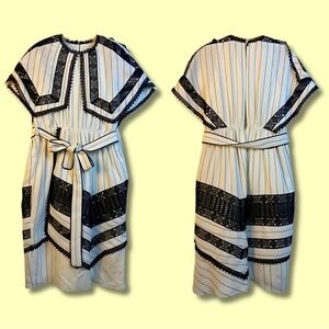 Self Portrait White Smocked Black & White Lace A-Line Dress